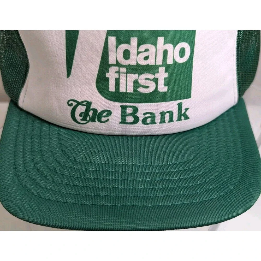 Vintage Idaho First The Bank Mesh Snapback Trucker Hat Sport Cap Green White